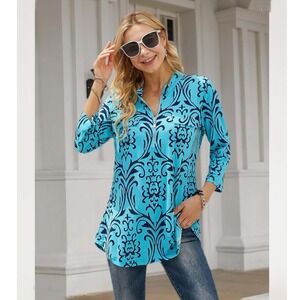 BEPEI Shirt Women's Medium Blue Floral Tunic 1/4 Zip Front 3/4 Roll Tab Sleeve
